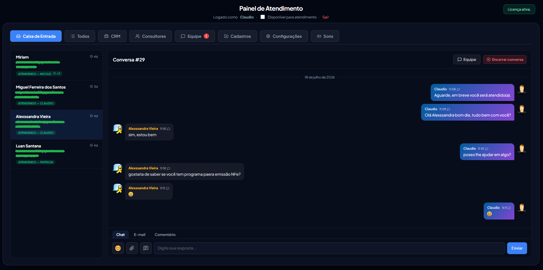 Painel do NetSoft Chat com uma conversa em andamento