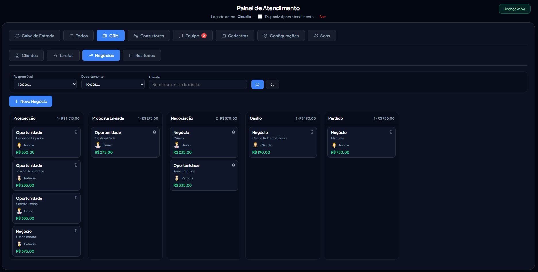 Kanban de negócios do CRM integrado ao NetSoft Chat