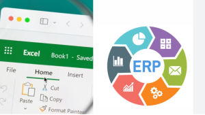 A imagem compara uma planilha no excel e as vantagens em utilizar um ERP.