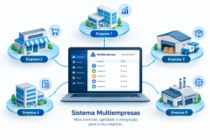 Sistema multiempresas conectando diferentes empresas para gestão centralizada de vendas, estoque e financeiro.